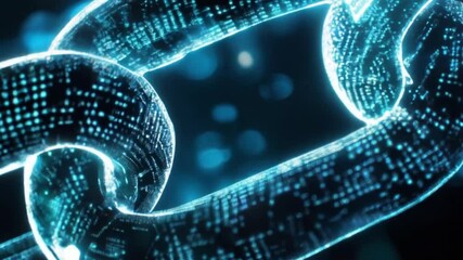 Poster - Motion of A digital block chain with encrypted data glowing in dark space, futuristic, high contrast, neon purples and blues, 3D render.