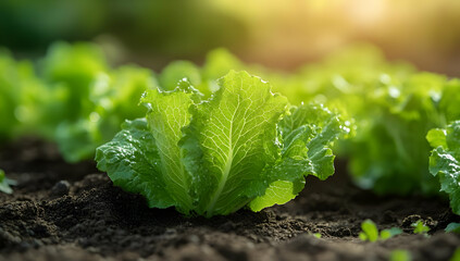 Vibrant green lettuce leaves growing in rich soil under warm sunlight, showcasing freshness and healthy agriculture.