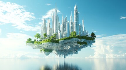 Sticker - A futuristic city floats above a body of water and clouds.