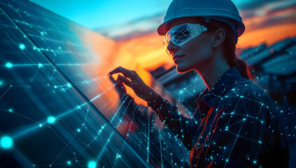 A female engineer inspects a solar panel with digital overlays, symbolizing innovation in renewable energy during sunset.