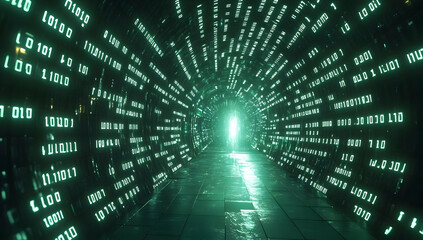 Poster - Futuristic tunnel filled with glowing binary code, leading to a bright light, symbolizing technology and digital transformation.