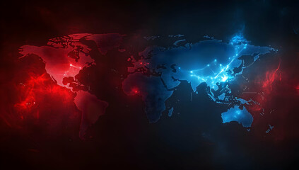 Poster - A vibrant digital world map illuminated in red and blue hues, representing connectivity and global dynamics in technology and communication.