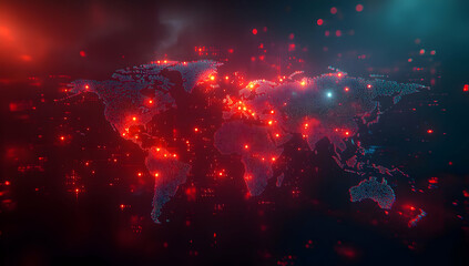 Poster - A captivating digital representation of a world map highlighted with vibrant red lights, symbolizing connectivity and information flow.