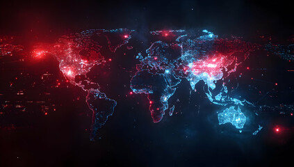 Poster - Vibrant digital world map with illuminated connections in red and blue, showcasing global networking and data flow.