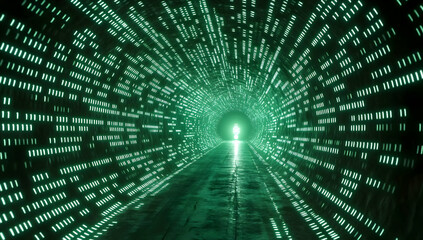 Poster - A futuristic green digital tunnel with glowing patterns, creating a mesmerizing journey into the unknown.