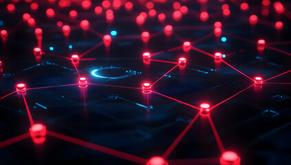 Poster - Futuristic network with glowing red nodes and interconnected lines, representing technology and digital communication.