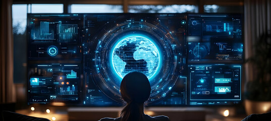Poster - Futuristic workspace with digital globe on a large screen, showcasing advanced technology and data visualization concepts.