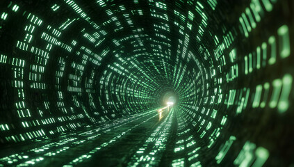 Poster - Abstract tunnel with glowing green lights creating a futuristic atmosphere. Perfect for technology or digital themes.