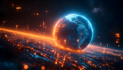 Poster - Futuristic representation of Earth glowing in neon colors with a vibrant energy field, showcasing digital elements and technological themes.