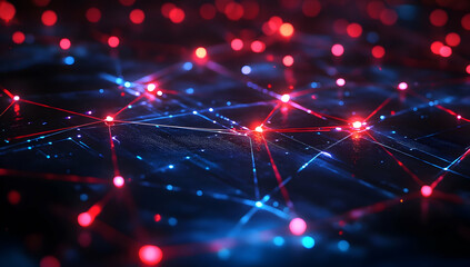 Poster - Abstract network connection visualization with red and blue glowing nodes. Perfect for technology and digital concepts.