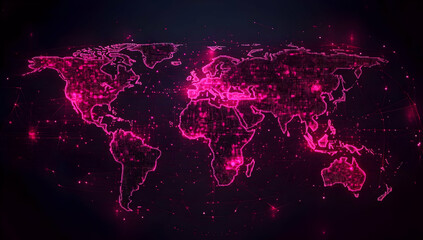 Poster - Vibrant digital world map with glowing pink nodes and connections, representing global communication and technology.