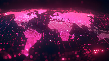 Aufkleber - A vibrant digital world map in pink hues, showcasing intricate data connections and a futuristic design.