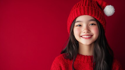 Sticker - A young girl wearing a red sweater and a knit hat smiles at the camera.