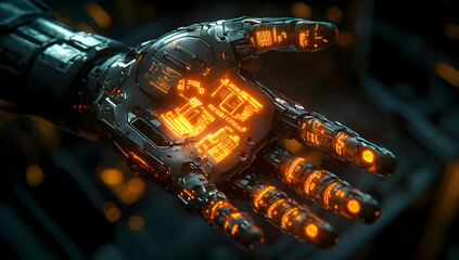 Poster - A futuristic robotic hand with glowing orange circuits, showcasing advanced technology and design in a high-tech setting.