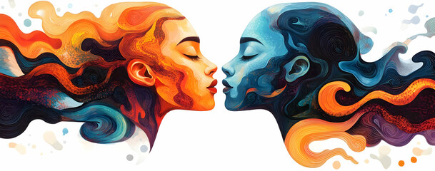 Vibrant abstract art depicting two faces merging with colorful flowing hair, symbolizing connection and unity in diversity.