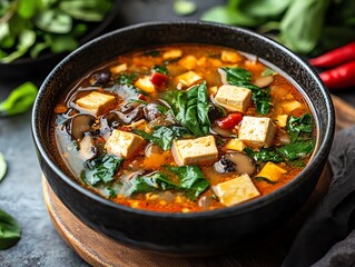 Wall Mural - Bowl of Thaistyle vegetable soup with mushrooms and tofu, Thai vegetable soup, light meal