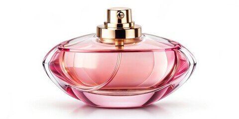 A petite glass bottle of soft pink perfume sits isolated on a white surface, its slender neck and