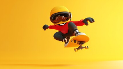 Wall Mural - A 3D cartoon character wearing a helmet and goggles is skateboarding.