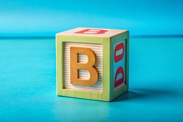 A colorful wooden alphabet block with a bold, white, capital letter 