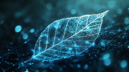 Poster - A digital rendering of a leaf made of glowing particles and lines.