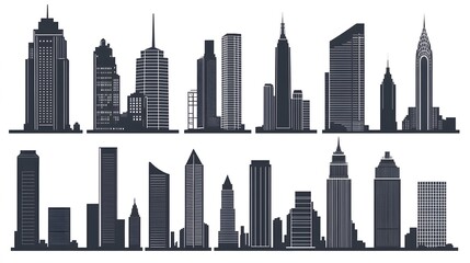 Collection of Black and White City Skyline Silhouettes