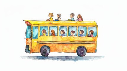 Cute cartoon school bus with kids, on white background with ample room for card text.