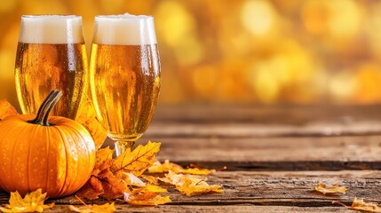 Two Glasses of Beer with Pumpkin and Autumn Leaves on Wooden Table