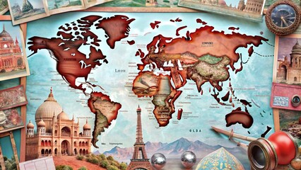 Vintage world map surrounded by travel postcards, a compass, and other travel accessories.