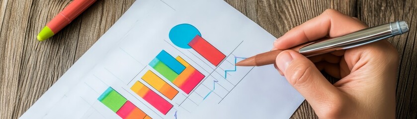 Hand Drawing Colorful Bar Chart on Paper with Pen