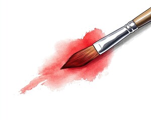 Close up line art illustration of a paintbrush with a red watercolor stroke on a blank white background