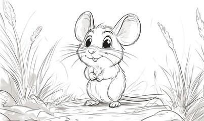 Wall Mural - Line art illustration featuring a cartoon mouse