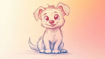 Warm gradient line drawing of an adorable cartoon dog in a playful style