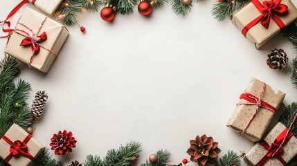 Wall Mural - festive christmas frame with rustic wrapped gifts, pine branches, red ornaments, and pinecones on wh