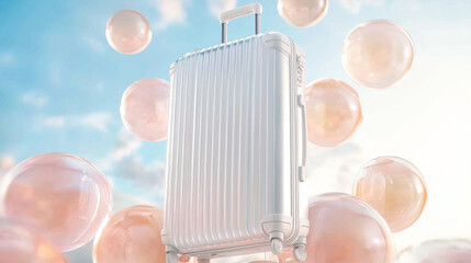 A white suitcase is surrounded by a cloud of white spheres