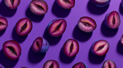 Sticker - Plums cut in half arranged in a repeating pattern.