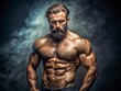 © Four888 - A powerful, muscular man with a rugged, hairy physique, intense gaze, and prominent facial hair, posing confidently in