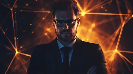 Poster - A man in a suit and glasses standing in front of an abstract digital display.
