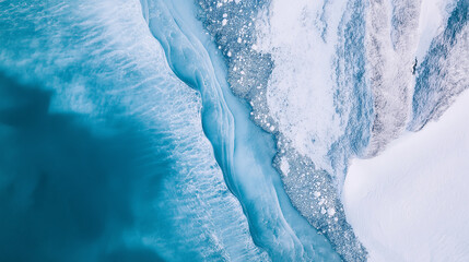 Wall Mural - Turquoise frozen lake meeting snowy mountain coastline in winter