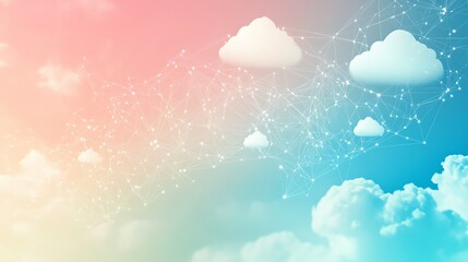 Poster - Cloud computing concept with white clouds and a digital network on a colorful gradient background.