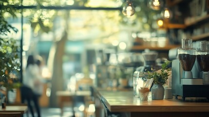 Cozy cafe ambiance with soft bokeh lights, wooden counter, and potted plants. Blurred barista in background creates inviting atmosphere for coffee lovers.