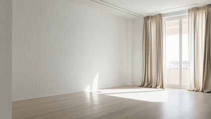 Empty wall mockup. Empty room with a white wall and wood floor. 3D illustration.