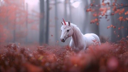 In a dreamlike forest of autumn hues, a majestic unicorn wanders gracefully amidst vibrant red ferns, capturing a whimsical moment filled with magic and wonder under soft, misty light.