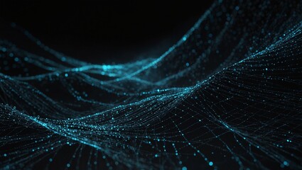 Abstract digital wave of glowing blue light dots on dark background