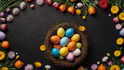 Colorful Easter eggs in a nest surrounded by vibrant spring flowers.