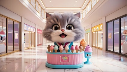 Wall Mural - Charming little gray cat and ice cream in a mall