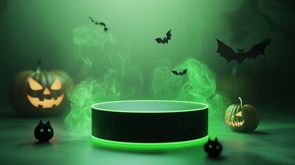 A sleek, minimalist 3D podium with glowing green highlights, surrounded by spooky symbols like black cats, jack-o'-lanterns, and swirling mist in the background