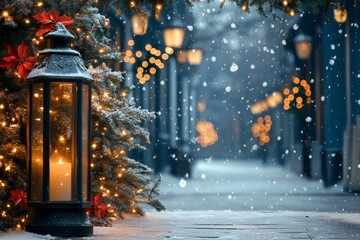 Wall Mural - Cozy winter Christmas street with snow, festive decorations, glowing lanterns, and twinkling lights for a magical holiday atmosphere