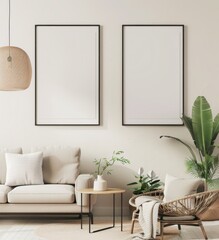 Minimalistic living room interior with two empty picture frames, sofa, coffee table and houseplants. Mock up poster frames on the wall.