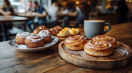 A cup of coffee and pastries on a wooden table in a cafe.