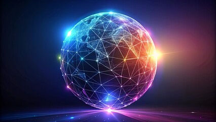 Glowing holographic globe with low polygonal wireframe design on dark background